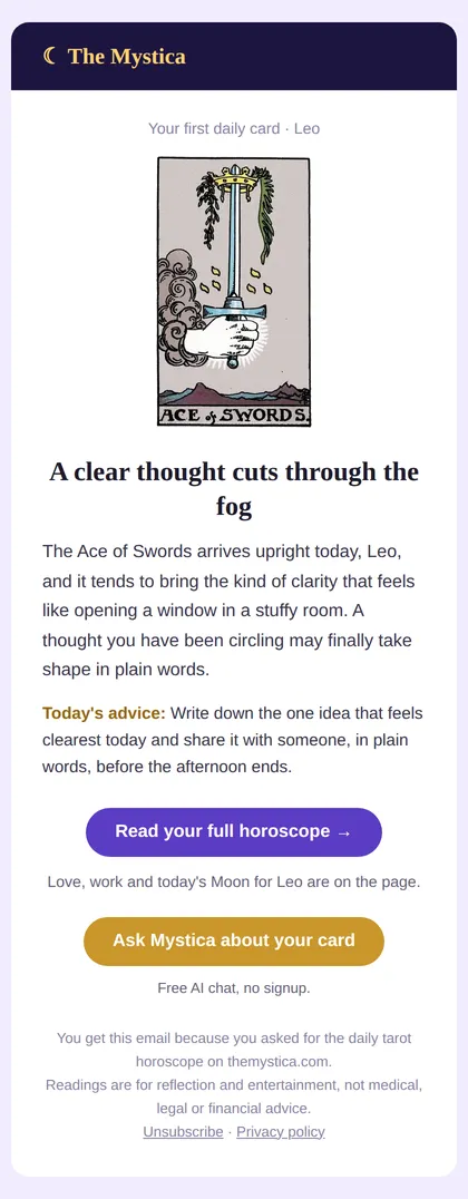 Example of the daily tarot horoscope email for Leo, with the Ace of Swords card, a short reading, today's advice and two buttons
